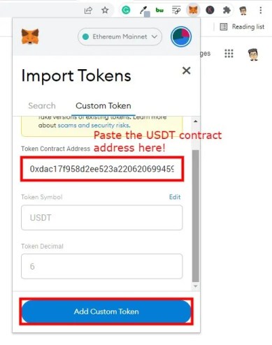 Добавить USDT в MetaMask