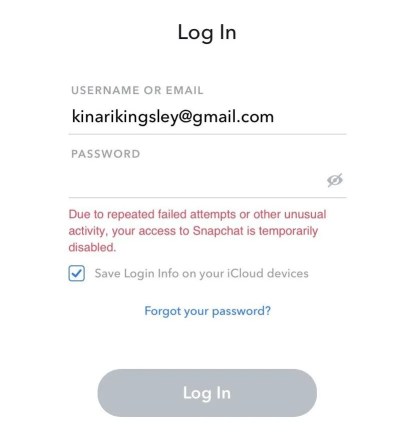 Из-за неоднократных неудачных попыток или других необычных действий ваш доступ к Snapchat временно отключен.
