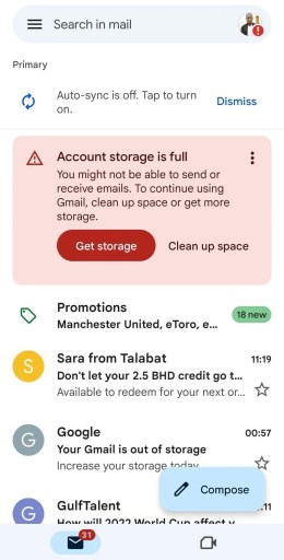 Хранилище аккаунта заполнено Gmail