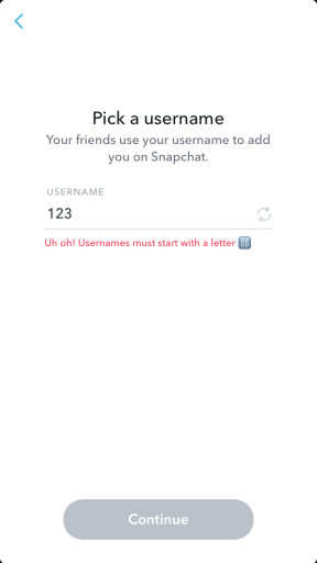 Требование к букве имени пользователя Snapchat 