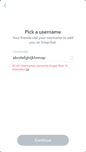 Ограничение на количество символов в имени пользователя Snapchat