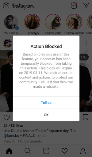Срок действия заблокированного действия в Instagram