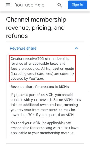 Доля доходов от членства на канале YouTube