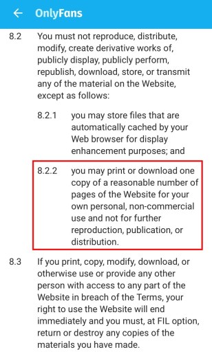 Условия использования OnlyFans раздел 8.2.2 