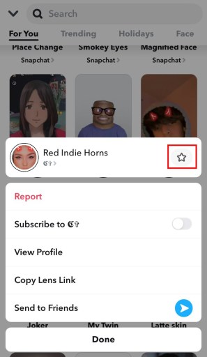 Добавьте линзы Snapchat в избранное