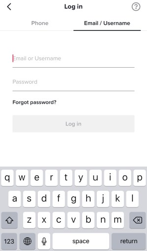 Войдите в TikTok, используя адрес электронной почты или имя пользователя