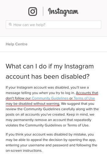 Моя учетная запись Instagram отключена