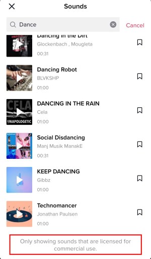 Показаны только звуки, лицензированные для коммерческого использования TikTok