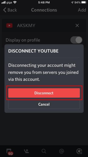 Отключить YouTube от Discord