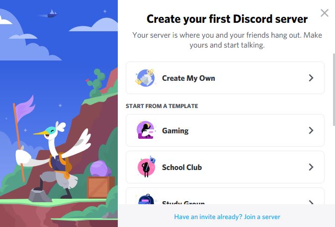 Выберите создание своего сервера Discord с нуля или начните с шаблона.