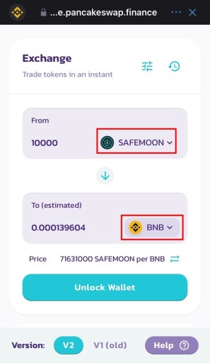 PancakeSwap обменять SAFEMOON на BNB