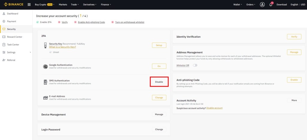 Binance отключает SMS-аутентификацию 