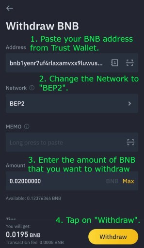 Как отправить BNB с Binance на Trust Wallet