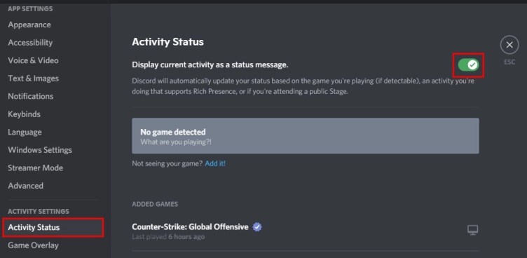 Включить игровую активность в Discord