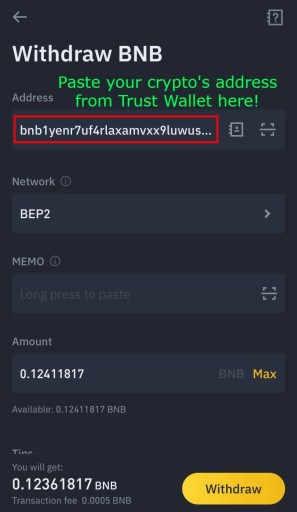 Вывод BNB с Binance на Trust Wallet