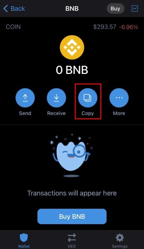 Скопируйте адрес BNB в Trust Wallet