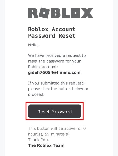Электронная почта для сброса пароля Roblox