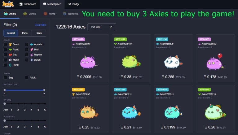 Купить оси на Axie Infinity