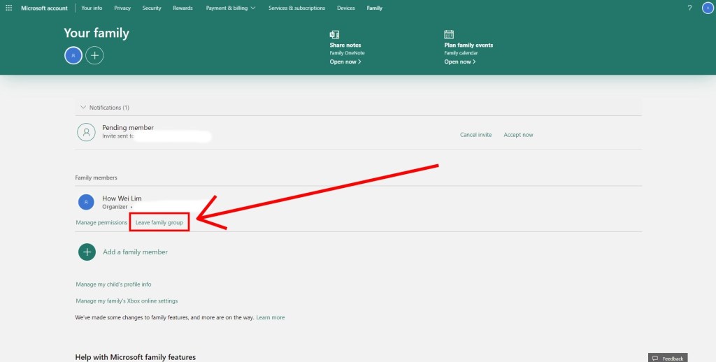 Выйти из семейной группы в Microsoft