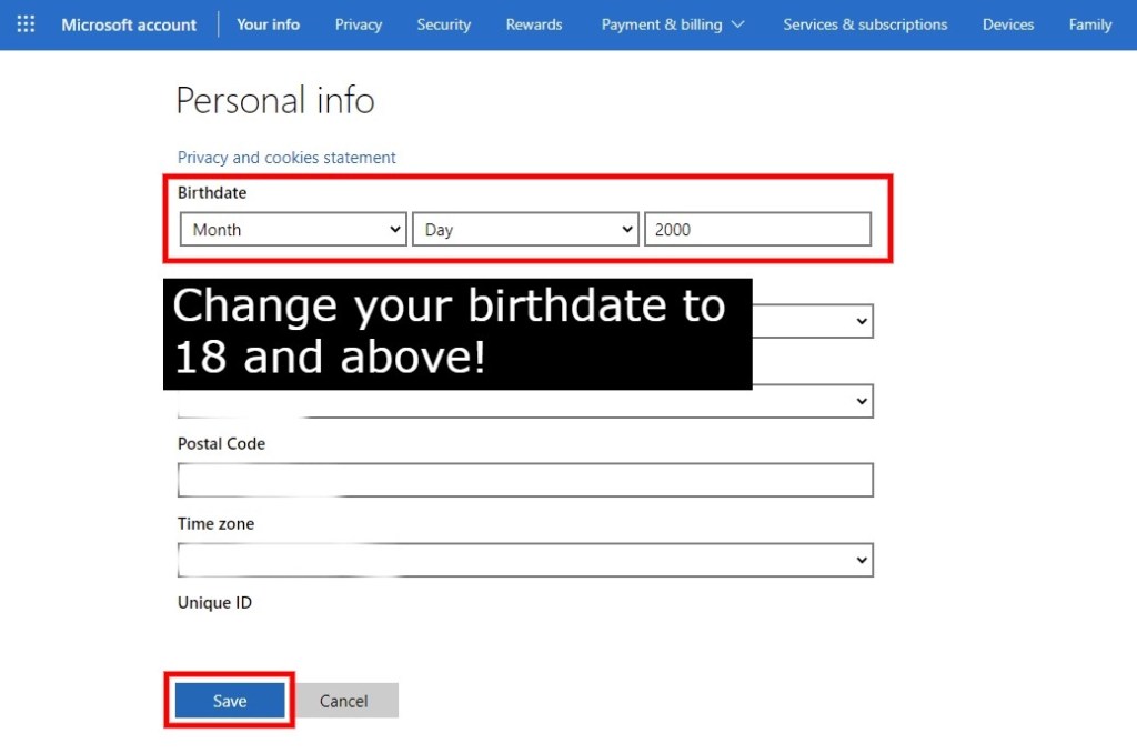 Изменить день рождения в Microsoft