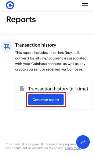 Coinbase генерирует отчет об истории транзакций