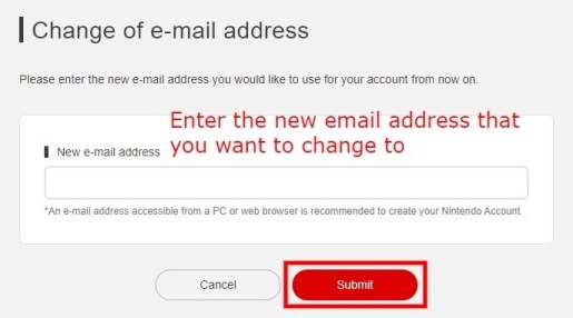Измените адрес электронной почты Nintendo
