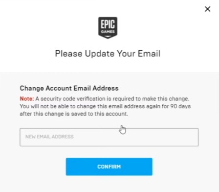 Пожалуйста, обновите адрес электронной почты в Epic Games.