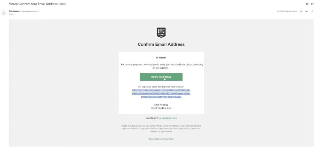 Подтвердите свой адрес электронной почты в Epic Games.