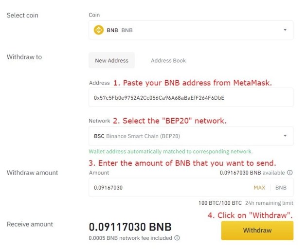 Вывод BNB с Binance на MetaMask 