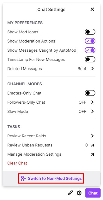 Переключиться на настройки без модов на Twitch