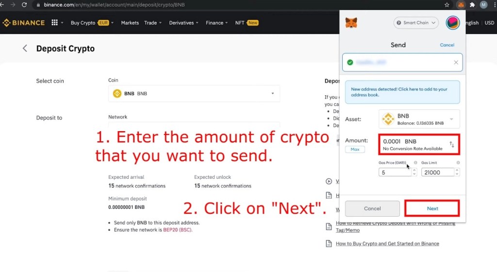 Как отправить криптовалюту с MetaMask на Binance