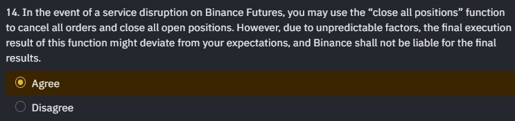 В случае перебоев в работе Binance Futures вы можете использовать функцию «закрыть все позиции», чтобы отменить все ордера и закрыть все открытые позиции.  Однако из-за непредсказуемых факторов окончательный результат выполнения этой функции может отличаться от ваших ожиданий, и Binance не несет ответственности за окончательные результаты.