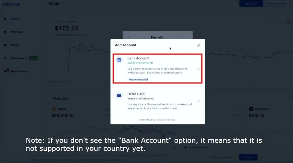 Добавить банковский счет в Coinbase
