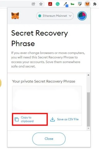 Скопируйте фразу восстановления MetaMask