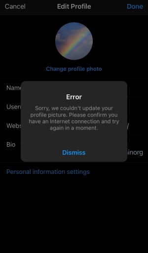 Instagram не может обновить изображение профиля