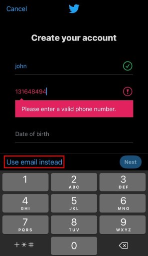 Пожалуйста, введите действительный номер телефона в Твиттере