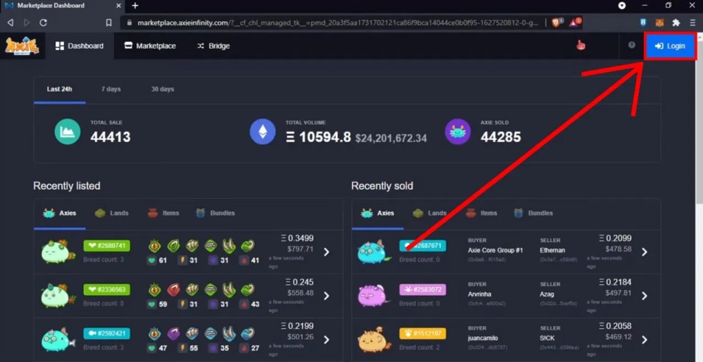 Вход в торговую площадку Axie Infinity