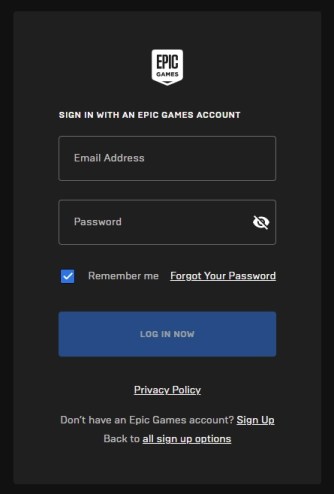 Страница входа в Epic Games