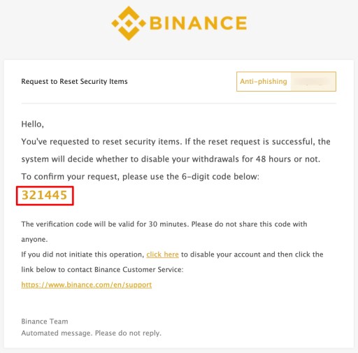 Запрос Binance на сброс элементов безопасности