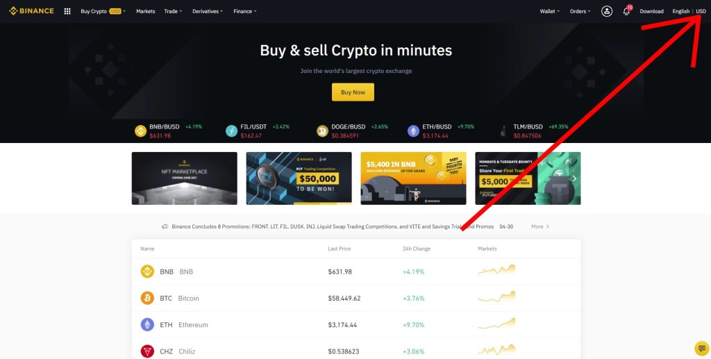 Как поменять валюту на Binance