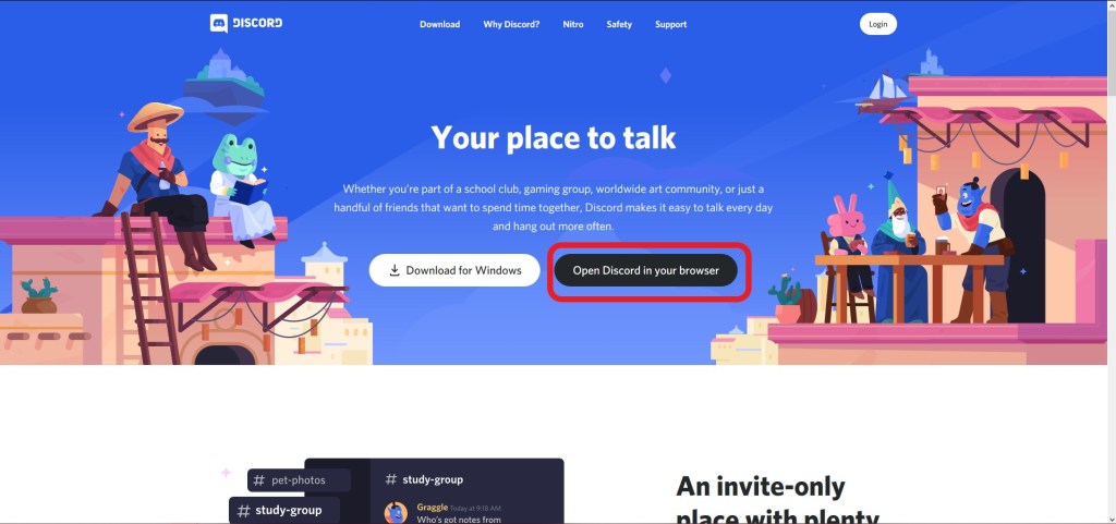 Домашняя страница Discord, на которой вы можете нажать кнопку «Открыть Discord в браузере».