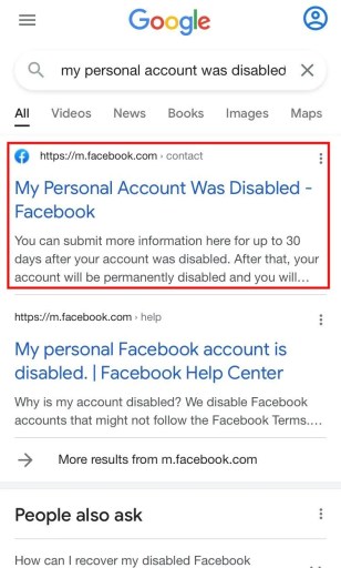 Отключенная учетная запись Facebook