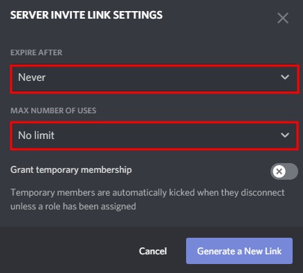 Ссылка для приглашения на сервер Discord не имеет срока действия