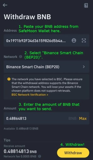 Вывод BNB с Binance на кошелек SafeMoon