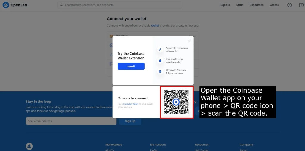 Отсканируйте QR-код с помощью кошелька Coinbase для подключения к OpenSea.