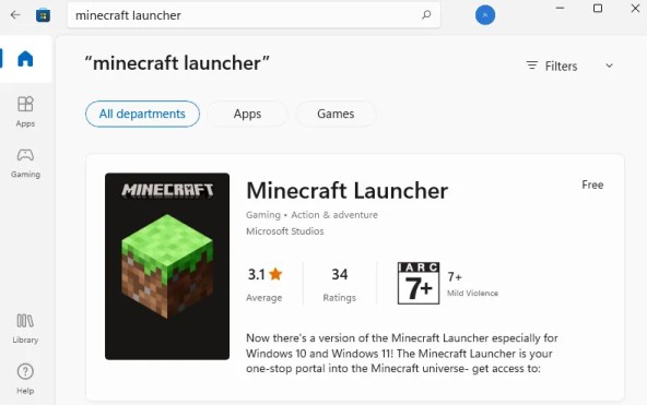 Программа запуска Minecraft в магазине Microsoft