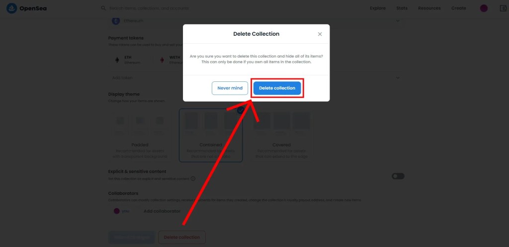 Удалить коллекцию на OpenSea