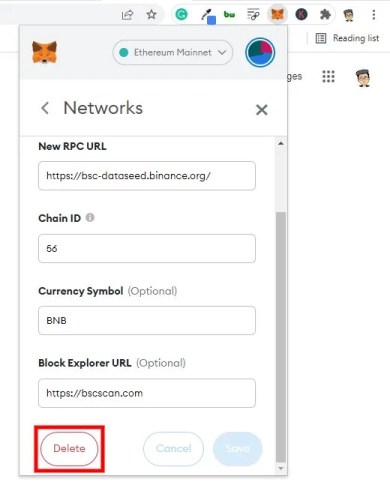 Удалить сеть Smart Chain на MetaMask