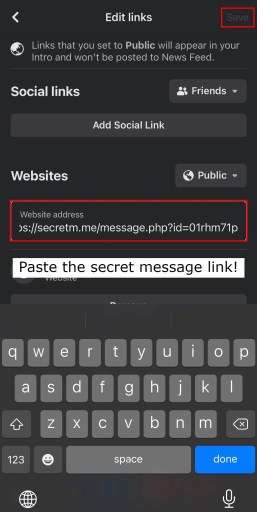 Добавьте ссылку на секретное сообщение в свой профиль Facebook