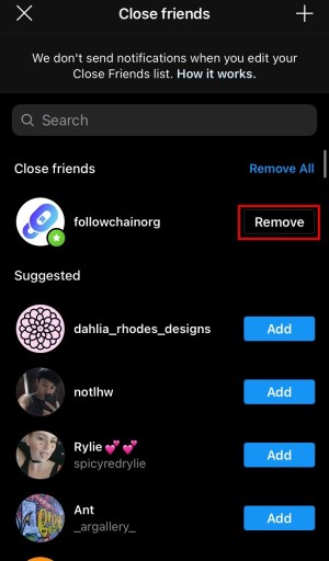 Удалить близких друзей в Instagram